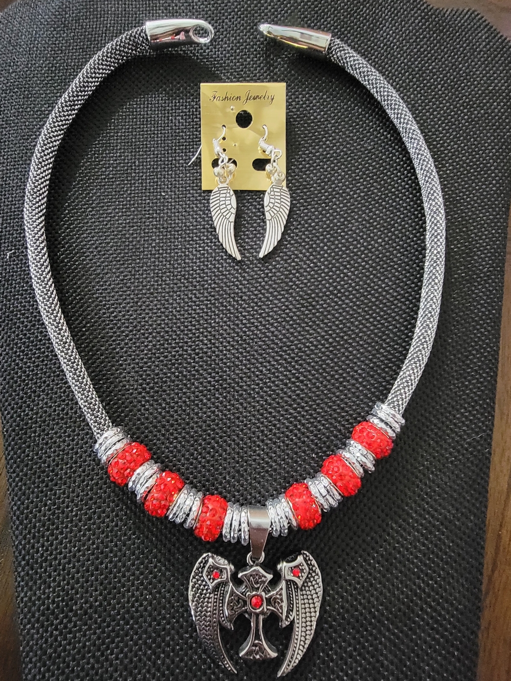 Fashion Jewelry Silver-Tone Mesh Necklace with Red Beads and Wing Cross Pendant